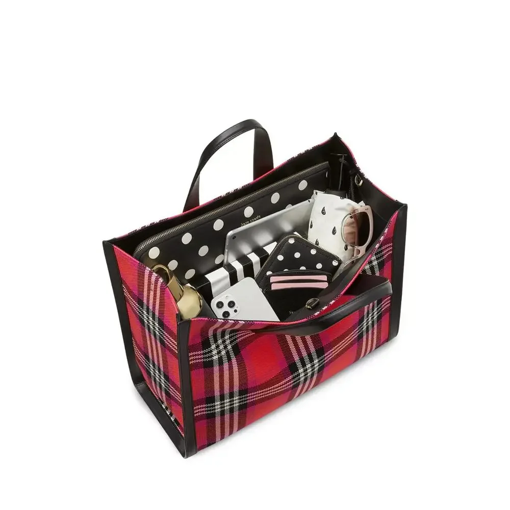 kate spade new york Manhattan Foliage Plaid Fabric Large Tote Bag Pink Multi EUC - Picture 11 of 14